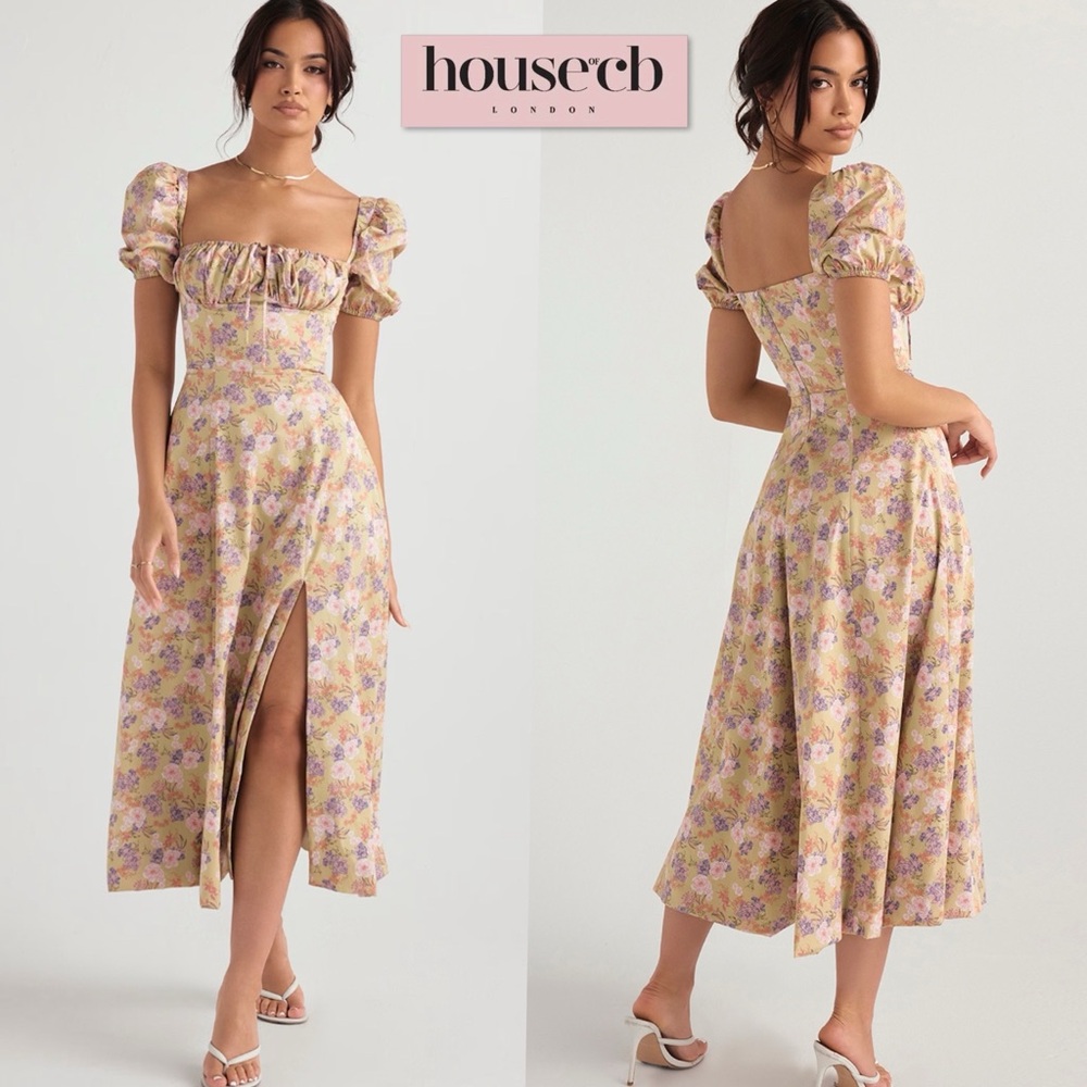 House of CB TALLULAH Peony Print Puff Sleeve Midi Sundress L Cottagecore Peasant - Picture 2 of 16